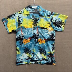 V.H.O Shirt Mens Medium Blue Yellow Hawaiian Floral Print Short Sleeve Summer